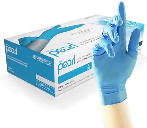 Unigloves Blue Pearl Nitrile Examination Gloves | Multipurpose, Powder Free and Latex Free Disposable Gloves Box of 100 Gloves, Blue, Extra Small (GP0011)