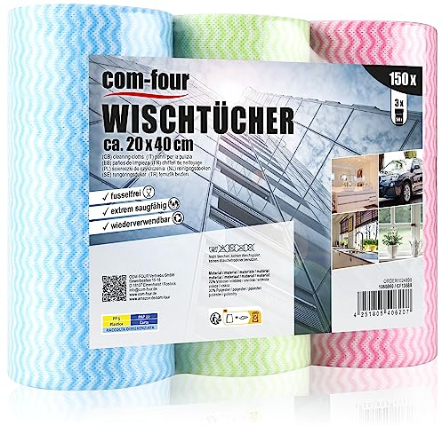 com-four® 150x Putztücher auf Rolle - Reinigungstücher für Küche, Bad und Haushalt - Mehrzweck-Lappen in 3 Farben - Putzlappen (0150 Blatt - 20x40cm - 3 Farben)