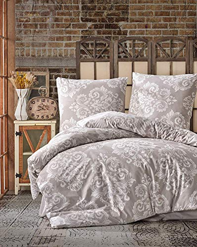 ZIRVEHOME Bettwäsche 135x200 cm zweiteilig Baumwolle Beige Bettbezug Weiß Barockmuster Sade V2