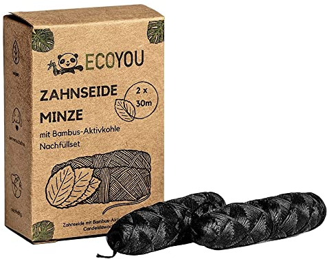 EcoYou Zahnseide nachhaltig aus Bambus-Aktivkohle im plastikfreien & wiederverwendbaren Glas-Flakon - vegan & reißfeste mit Mint Geschmack - Umweltfreundliche Zahnreinigung (schwarz)