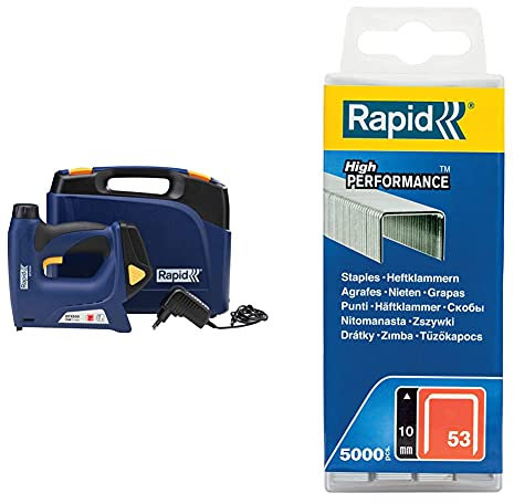 Rapid 5000128 Btx530 Graffatrice Elettrica Li-Ion Cordless, 240 V, Blu & 40303085 No. 53 Graffe A Filo Fine 10 Mm, Acciaio
