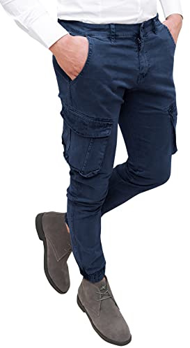 Evoga Pantaloni Uomo Cargo in Cotone con tasconi Laterali Slim Fit Chino Jeans (44, Blu Scuro)