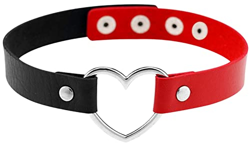 JewelryWe Schmuck Damen Choker Leder Halsband Gothic Punk Lolita Herz Sklave Kragen Halskette 32-38cm Erstellbare Zweifarbig Collier Kette, Schwarz Rot