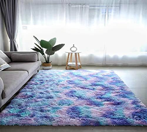 LYKEJI Teppiche Schlafzimmer Dekoration Teppich Flauschige Teppiche Shaggy Teppiche Lange Weiche Teppiche für Wohnzimmer rutschfeste Teppiche für Schlafzimmer Wohnzimmer (bunt blau, 80X160CM)