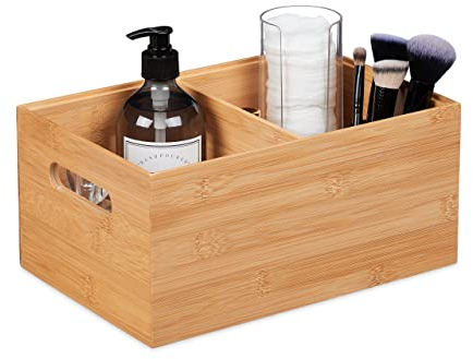 Relaxdays Caja Almacenaje Bambú 2 Compartimentos con Asas, Apilable, Pongotodo sin Tapa, Medidas: 14x30x20 cm, Natural, 14 x 30 x 20 cm