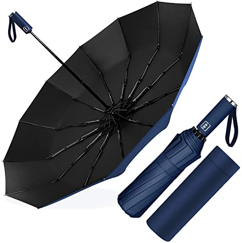 Poligono Ombrello Pieghevole Automatico, Ombrello Antivento Portatile, Ombrello Grande da Pioggia 12 Stecche Rinforzate per Uomo Donna, Diametro 105cm (Blu scuro)