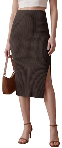 EXCHIC Dam texturerad stickad knälång pennkjol elastisk hög midja basic tub midikjol sidoslits, Kaffe, M