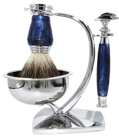 Magyfosia Kit per la rasatura a umido di alta qualità da uomo, con rasoio di sicurezza a doppio bordo, 10 lame, spazzola da barba e portasapone in acciaio inox, set di rasoi lisci di qualità da