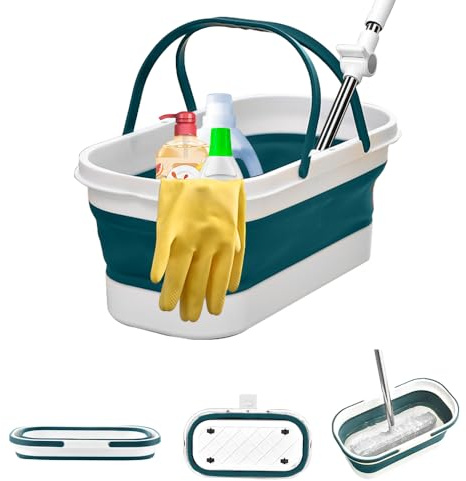 Collapsible Mop Wash Basin Bucket with Handle and Wheels, 12L (3.2 Gallon) Portable Plastic Basket Crate Tub for Storage Organization, Foldable Water Bin Container for Cleaning, Car Washing, Blue