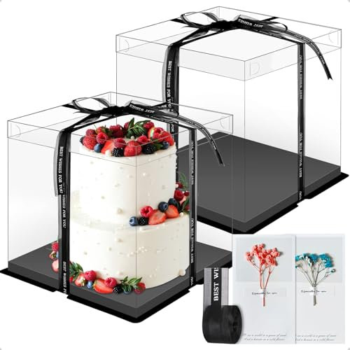 LONHCHI 2 scatole per torte (30 x 30 x 25 cm), trasparenti, per il trasporto di torte, trasparenti, con base e fiori eterni, per compleanno, dessert (nero)