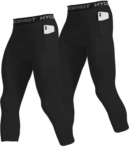 HYCOPROT 1 or 2er Pack Herren 3/4 Kompressionshose mit Taschen Laufhose Tights Sport Leggings Atmungsaktiv Funktionsunterhose Tight Hose für Basketball Fitness Joggen (Black, L)