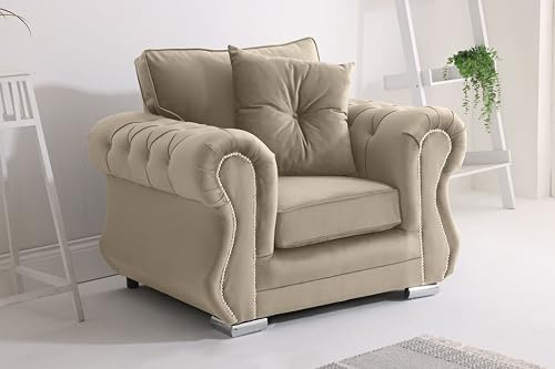Sofahub cream Plush Velvet 3 Seater Sofa | Button Tufted Design, Foam Cushions & Chrome Legs | Living Room Sofa