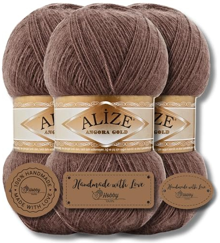 Hobby YARN Alize 3 x 100 g med 3 x etikett som set Angora guld, turkisk premiumull, tunn mohair av ny ull, babyull som stickgarn, handstickgarn, enfärgad, uni Yarn (493)