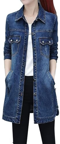 YBWZH Chaqueta vaquera para mujer, abrigo largo con bordado delgado, chaqueta de manga larga, chaqueta de mezclilla con frente abierto, abrigos de moda, abrigo de viaje para mujer, uso diario, azul