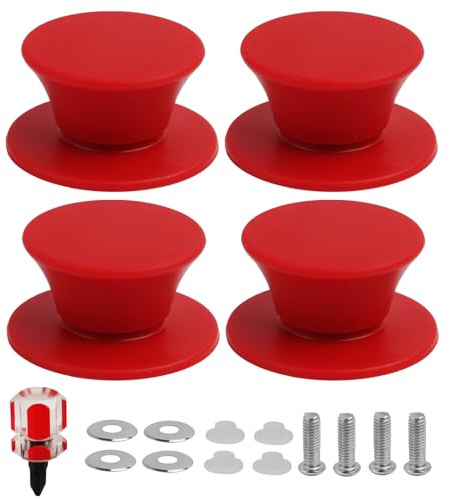 FunWorth 4Pcs Pan Lid Knob Replacement, Universal Pot Lid Cover Knob with Screwdriver, Silicone Cooking Pan Knob Handle for Skillets, Pans & Cookware Lids (Red)