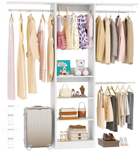 Besiost 48 Closet Organizer System, 4FT Closet System for Small Closets with 4 Hanging Rods & 3 Shelves, 80H Small Closet Organizers and Storage for Bedrooms, Cloakrooms, White