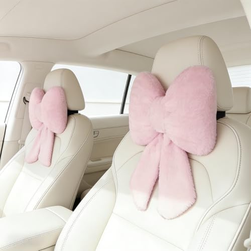2 cuscini in peluche per poggiatesta auto con fiocco carino cuscino per sedile auto, morbido supporto per il collo per guida confortevole viaggi ufficio cuscino poggiatesta soffice, rosa