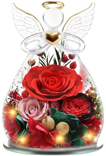 YiHuaHua Regalos Navidad de Angel para Mamá Ella, Rosa Eterna en Cúpula de Cristal de Angel Flores Preservadas, Eterna Regalos Navidad Mama Abuela San Valentín Dia De la Madre Aniversario Pareja