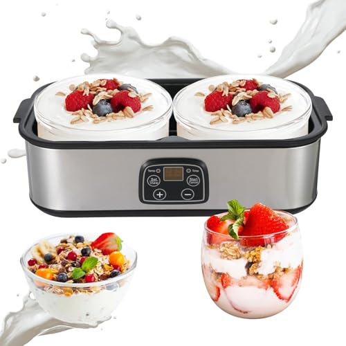 Yogur, 2 litros, máquina automática de yogur digital con 2 vasos, yogur con temporizador y control de temperatura, yogur para yogur griego, queso, natto, vino de arroz, plata, 2 litros