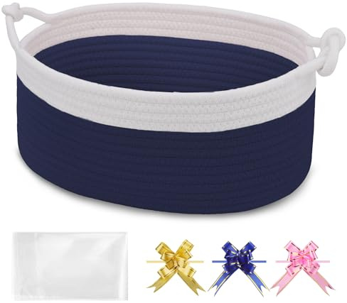 BOSROTY Small Empty Gift Basket with Bag & Ribbons, White & Navy Blue | 30.5x20x13cm, Cotton Rope Woven Basket for Birthdays, Baby Showers, Mother's Day, Christmas; Stores Small Items,Kids Pet Toys