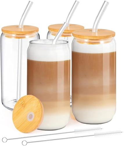 MEIMUCUL Bicchiere da Birra con Coperchio e Cannuccia,4PCS Tazze in Vetro a Forma di Lattina per Cocktail,500ml Tazza da Caffè Ghiacciata, Per Casa,Feste,Cocktail,Frullato,Soda
