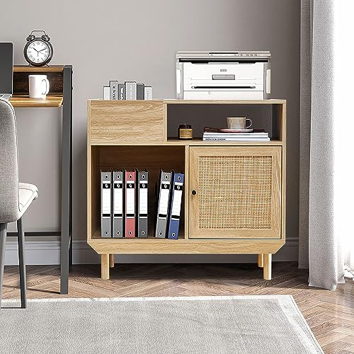 Armario de almacenamiento vintage de madera y ratán tejido – Organizador de discos de vinilo con puertas tejidas a mano, patas de madera maciza, estantería multiusos para discos de vinilo, libros