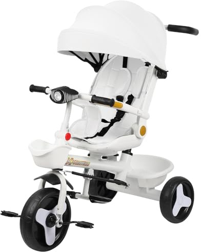 Belfoyer Carrito Bebé 3 en 1, Cochecito de Bebé Multifuncional con Silla de Paseo Ligera, Triciclo Infantil con Luz, Música y Cesta de Almacenaje, Plegable(Blanco)