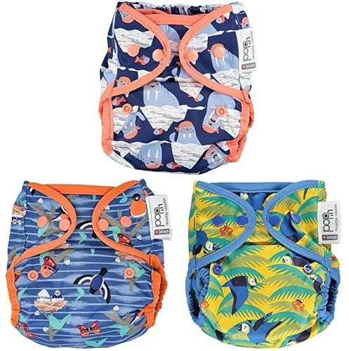 Pack 3 Pañales de Tela Lavables Reutilizables Bambú, talla única adaptable hasta los 16 Kg corchetes, Unisex (Walrus, Twilight, Parrot)