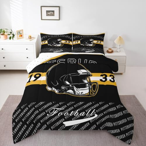 Loussiesd Set med fotbollssängkläder, Pittsburgh, täckeset, enkelstorlek, för barn, pojkar, flickor, fotboll, stad, sportspel, sovrum, dekor, mikrofiber, 2 st med 1 örngott