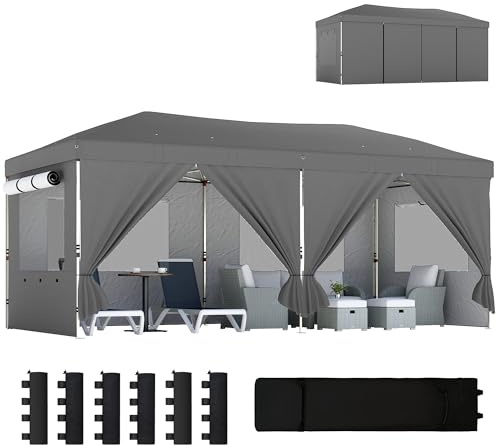 Outsunny Gazebo Pieghevole 3x6m Pop Up con 6 Pareti Laterali e Finestre in Rete, Gazebo da Giardino Altezza Regolabile con Sacchi di Sabbia, Borsa a Ruote, UV50+ per Esterno Feste, Grigio Scuro
