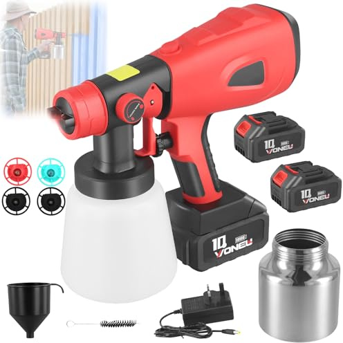 Farbsprühsystem, 850W Akku Farbspritzpistole Handgehaltene Farbe Sprühen Gerät 2 x 2600 mAh 21 V Akku und Ladegerät 5 Düsen 2 x 800 ml Farbbehälter 3 Sprühmuster für Wände Decken Zäune