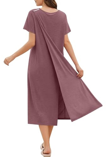 TURWXGSO Ladies Dressing Gowns UK Open Back Closing Surgical Gown Long Dress Snap Nursing Dressess Round Neck Short Sleeve Midi Dress Tear Away Post Surgery Dress Nightgowns