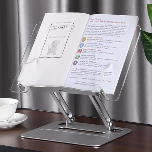 Bokstativ i akryl för läsning, justerbar höjd och vinkel kokbokshållare, aluminium hopfällbart laptopstativ för kontor, kök, lärobok, recept, tidning