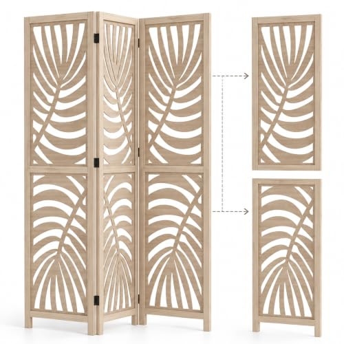 HOMCOM 4 Panel Room Divider Room Screen Folding Natural Wood Finish | Detachable, Portable Privacy Screens, Freestanding Partition Wall Dividers, Palm Leaf Design, Home Office, Bedroom