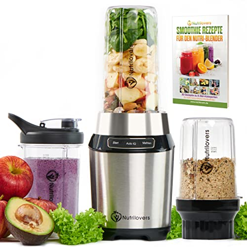 Nutrilovers NUTRI-BLENDER Mixer Smoothie-Maker to go 1000 Watt Standmixer klein Mini-Mixer für Smoothies & Shakes mit Auto-IQ, BPA-frei, Inkl. Rezeptbuch, 2x Becher, 2x Deckel, Smoothie Rezeptbuch