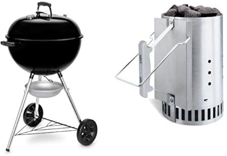 Weber Original Kettle Barbecue à Charbon 57cm - E-5710 Avec Couvercle, Thermomètre, Trépied, Roues - Noir & Cheminée d'Allumage Rapidfire 20cm en Aluminium