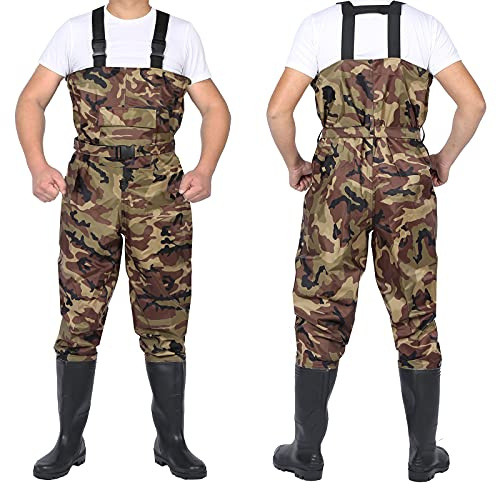 GXFXLP Anglerhose Wasserdicht mit Stiefel, Wathose Herren Camouflage Wathose rutschfest, Angelhose Herren Watstiefel Herren Teichhose Kältebeständig,UK 8/EU 42