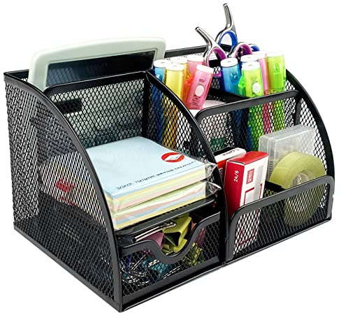 Fousenuk Schreibtisch Organizer Schwarz, Organizer Büro Mesh Metall mit 7 Fächern, Desk Organizer Platzsparendes mit Stiftehalter und Zettelhalter für Stifte, Hefter, Ordnerklammern, Haftnotizen
