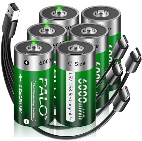Rechargeable Lithium C Batteries with 4 in 1 USB-C Charge Cable,6 Pack C Cell Li-ion Battries,LR14 1.5V C Size Cell Battery Replacement 6000mWh for Floodlight Toys, Recharge up to 1500+ Cycles