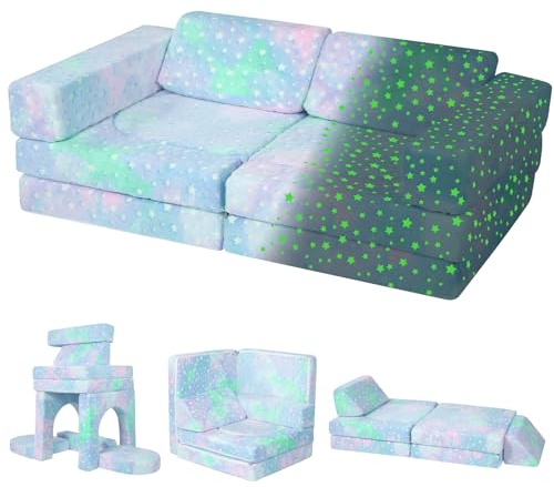 MeMoreCool 10-Piece Kids Couch Sofa, Modular Toddler Couch | Glow Sofa Bed for Bedroom, Fold Out Foam Couch for Girl Boy, Colorful Star