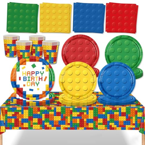 69Pcs Building Blocks Party Tableware Set,Paper Party Dinnerware Set for Kid's Birthday with Plates,Tablecloth,Napkins,Cups,Cartoon Table Decorations for Baby Shower,Boys,Party Supplies for 16 Guests