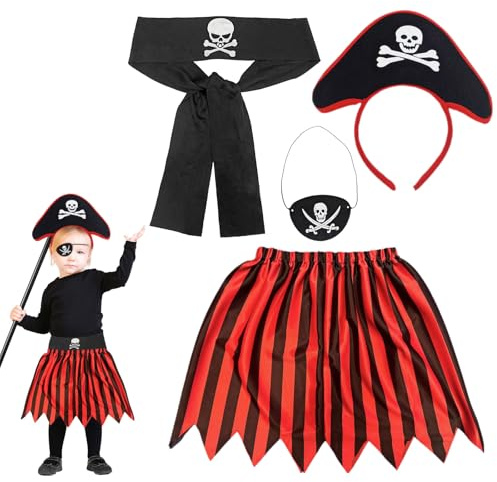 FUIPVGI 4 delar piratdräkt för barn, flickor, däck, pirat, maskeraddräkt med pirat, pannband, ögonlapp, skalle, bälte, tyllkjol, för karneval, cosplay, halloween, kostym, tillbehör (röd)
