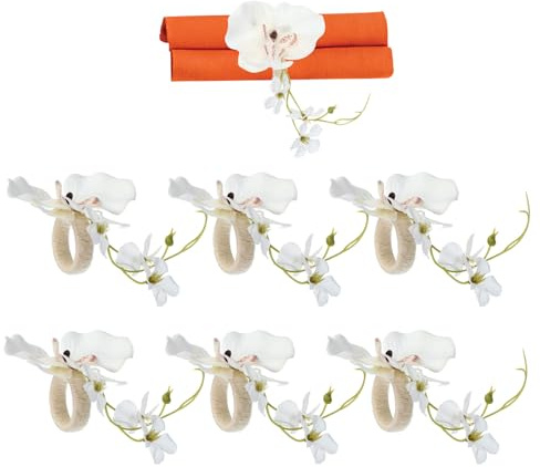 PATIKIL Handgjorda orkidéblommor servettringar, 6-pack hantverk blommig servetthållare för bröllop födelsedag bankett bordsdekoration jul Thanksgiving, vit