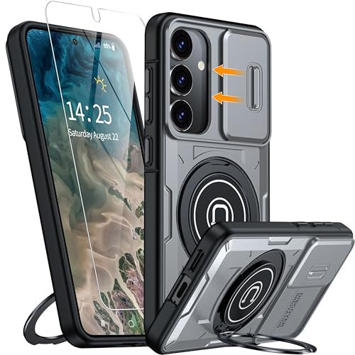 ANTSHARE for Samsung Galaxy S25 Case, Built In Slide Camera Cover & 360° Rotatable Kickstand Ring [1 * Screen Protector] Rugged Military Heavy Duty Shockproof Protective Case for Samsung S25 - Grey