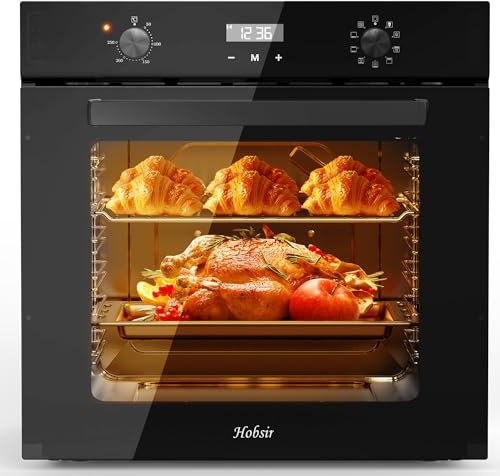 Hobsir 60 cm Forno da Incasso Multifunzione, Capacità 60L, Classe A, Forno Elettrico Design da Incasso, 9 Funzioni di Cottura, Temperatura Massima 250°C, Comando con Manopola Girevole