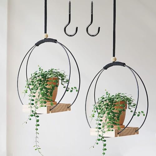 AIDODIA Blumenampel Hängend Innen - Metall Blumenampel Schwarz, Hängeampel Mit Holzsockel, Decke Hängende Pflanzer, Hängetopf Für Pflanzen Für Zimmerpflanzen Sukkulenten Luftpflanzen Kaktus (2PCS)