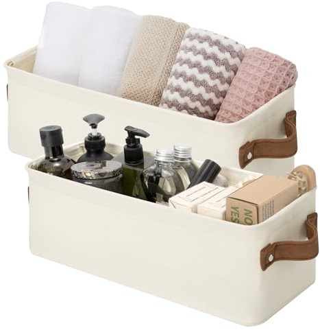 StorageWorks Narrow Storage Bins, Small Basket for Closet and Shelves, Fabric Organizer with Handles, Toilet Paper Storage, Natural Color, 2-Pack