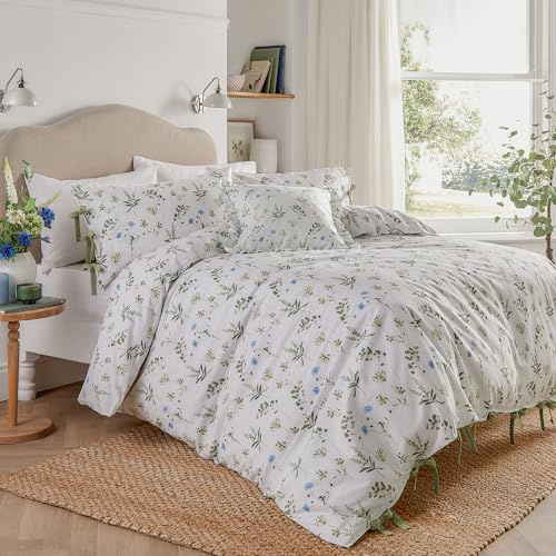 furn. Wylder Meadow Set Copripiumino – Biancheria Da Letto Floreale 100% Cotone Con Chiusura A Fiocco (Bianco/Fiordaliso – Doppio – 200x200cm)