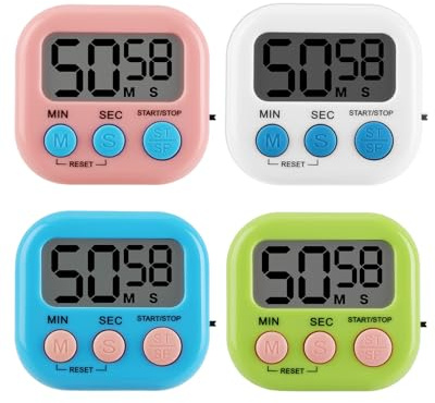 4 PCS Kitchen Timer Magnetic Colorful Digital Timer Loud Alarm Countdown Stopwatch Clock with Stand for Cooking Study Gym Brushing Teeth Kids Classroom Home Use LCD Display (Blue,White,Pink,Green)