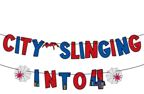 SAVITA Spider Theme 4th Birthday Banner, Pre-Strung Cartoon Hanging Decor Banner with Spider Web Design for Kids Birthday Party Supplies Baby Shower